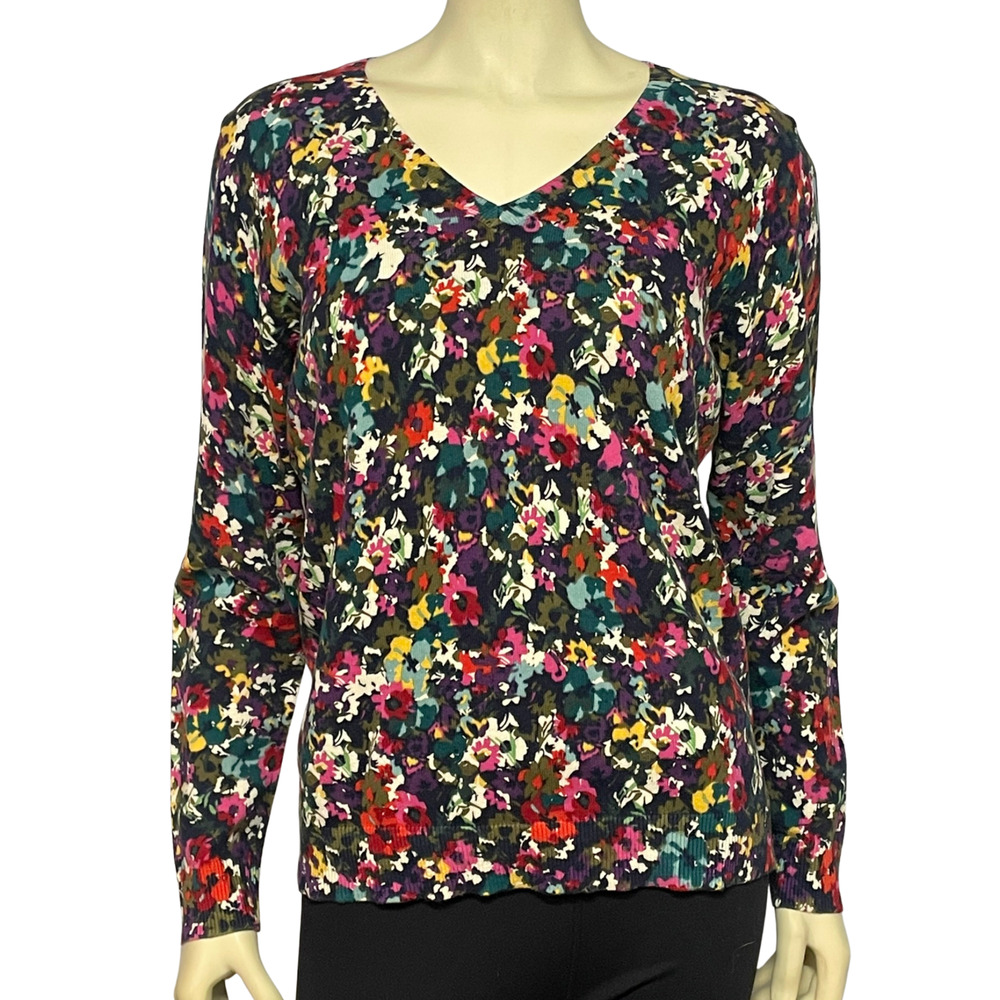 Talbots Sz L Pullover V-Neck Sweater Black Floral Print Light Cotton Knit Office